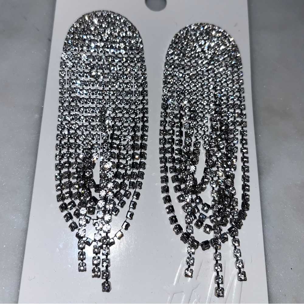 H&M Long Rhinestone Earrings silver NWT - Picture 2 of 7